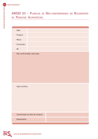 302 PARTE ESPECÍFICA 
ANEXOS DO RESUMO DO PLANO GUIA DE ELABORAÇÃO DO PLANO APPCC 
ANEXO 03 - PLANILHA DE NÃO-CONFORMIDADES NO RECEBIMENTO 
DE PRODUTOS ALIMENTÍCIOS 
Data: 
Produto: 
Marca: 
Fornecedor: 
NF: 
Não-conformidade observada: 
Ação corretiva: 
Comunicação ao setor de compras: 
Responsável: 
 