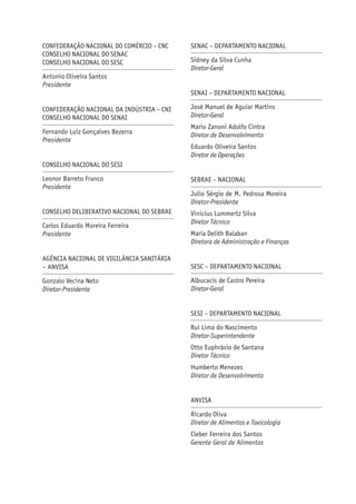 CONFEDERAÇÃO NACIONAL DO COMÉRCIO – CNC 
CONSELHO NACIONAL DO SENAC 
CONSELHO NACIONAL DO SESC 
Antonio Oliveira Santos 
Presidente 
CONFEDERAÇÃO NACIONAL DA INDÚSTRIA – CNI 
CONSELHO NACIONAL DO SENAI 
Fernando Luiz Gonçalves Bezerra 
Presidente 
CONSELHO NACIONAL DO SESI 
Leonor Barreto Franco 
Presidente 
CONSELHO DELIBERATIVO NACIONAL DO SEBRAE 
Carlos Eduardo Moreira Ferreira 
Presidente 
AGÊNCIA NACIONAL DE VIGILÂNCIA SANITÁRIA 
– ANVISA 
Gonzalo Vecina Neto 
Diretor-Presidente 
SENAC – DEPARTAMENTO NACIONAL 
Sidney da Silva Cunha 
Diretor-Geral 
SENAI – DEPARTAMENTO NACIONAL 
José Manuel de Aguiar Martins 
Diretor-Geral 
Mario Zanoni Adolfo Cintra 
Diretor de Desenvolvimento 
Eduardo Oliveira Santos 
Diretor de Operações 
SEBRAE – NACIONAL 
Julio Sérgio de M. Pedrosa Moreira 
Diretor-Presidente 
Vinicius Lummertz Silva 
Diretor Técnico 
Maria Delith Balaban 
Diretora de Administração e Finanças 
SESC – DEPARTAMENTO NACIONAL 
Albucacis de Castro Pereira 
Diretor-Geral 
SESI – DEPARTAMENTO NACIONAL 
Rui Lima do Nascimento 
Diretor-Superintendente 
Otto Euphrásio de Santana 
Diretor Técnico 
Humberto Menezes 
Diretor de Desenvolvimento 
ANVISA 
Ricardo Oliva 
Diretor de Alimentos e Toxicologia 
Cleber Ferreira dos Santos 
Gerente Geral de Alimentos 
 