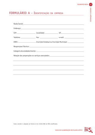 SEGMENTO MESA 47 
ANEXOS E APÊNDICES 
FORMULÁRIO A - IDENTIFICAÇÃO DA EMPRESA 
GUIA DE ELABORAÇÃO DO PLANO APPCC 
Razão Social: 
Endereço: 
CEP: Localidade: UF: 
Telefone: Fax: e-mail: 
CNPJ: Inscrição Estadual ou Inscrição Municipal: 
Responsável Técnico: 
Categoria do estabelecimento: 
Relação das preparações ou serviços executados: 
Fonte: extraído e adaptado da Portaria 46 de 10/02/1998 do MAA (modificado). 
 
