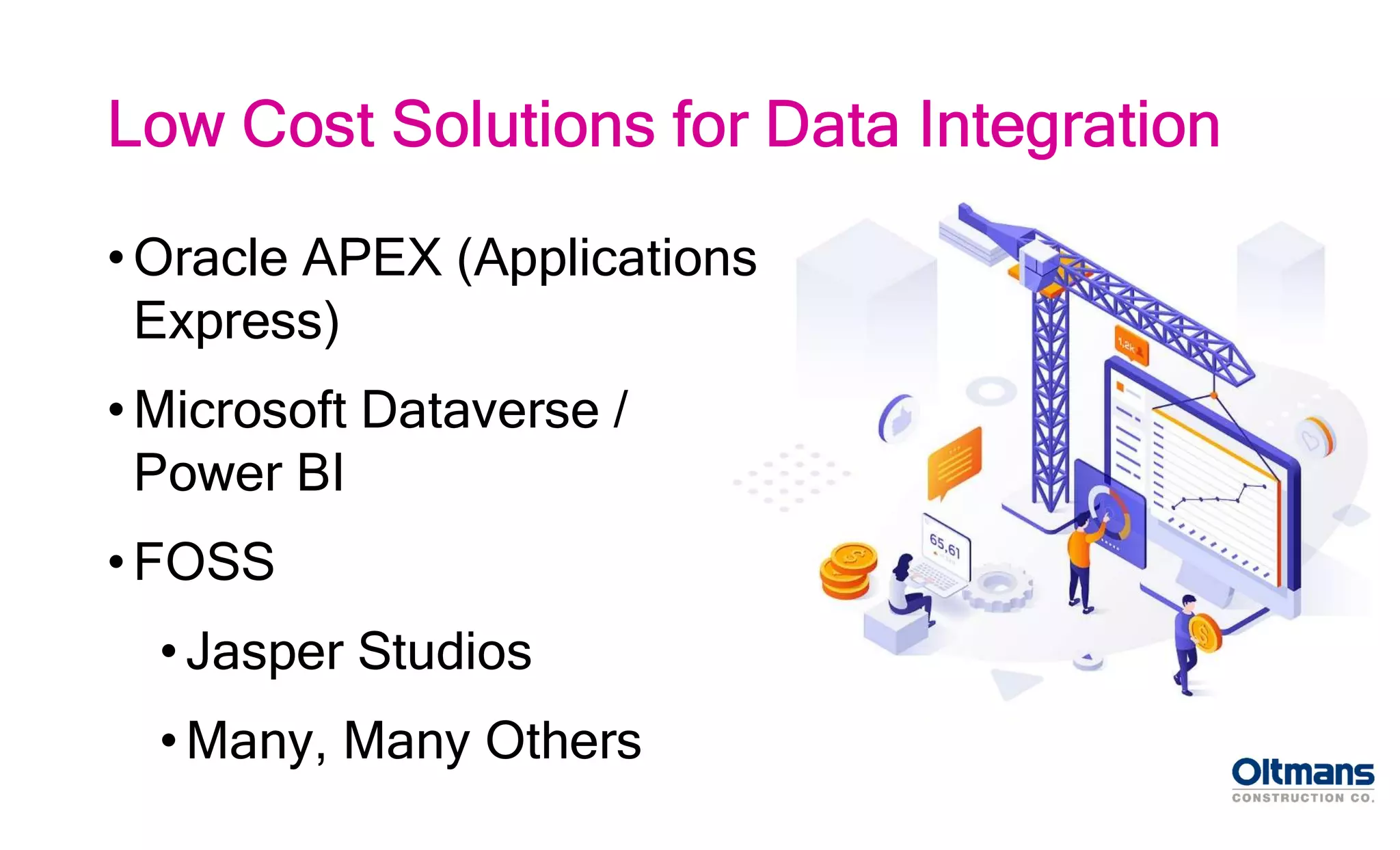 • Oracle APEX (Applications
Express)
• Microsoft Dataverse /
Power BI
• FOSS
• Jasper Studios
• Many, Many Others
Low Cost Solutions for Data Integration
 