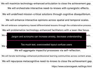 Jargon and acronyms can increase anxiety, decrease understanding
https://www.sciencegeek.net/lingo.html
Too much text, overcrowded layout confuse users
 