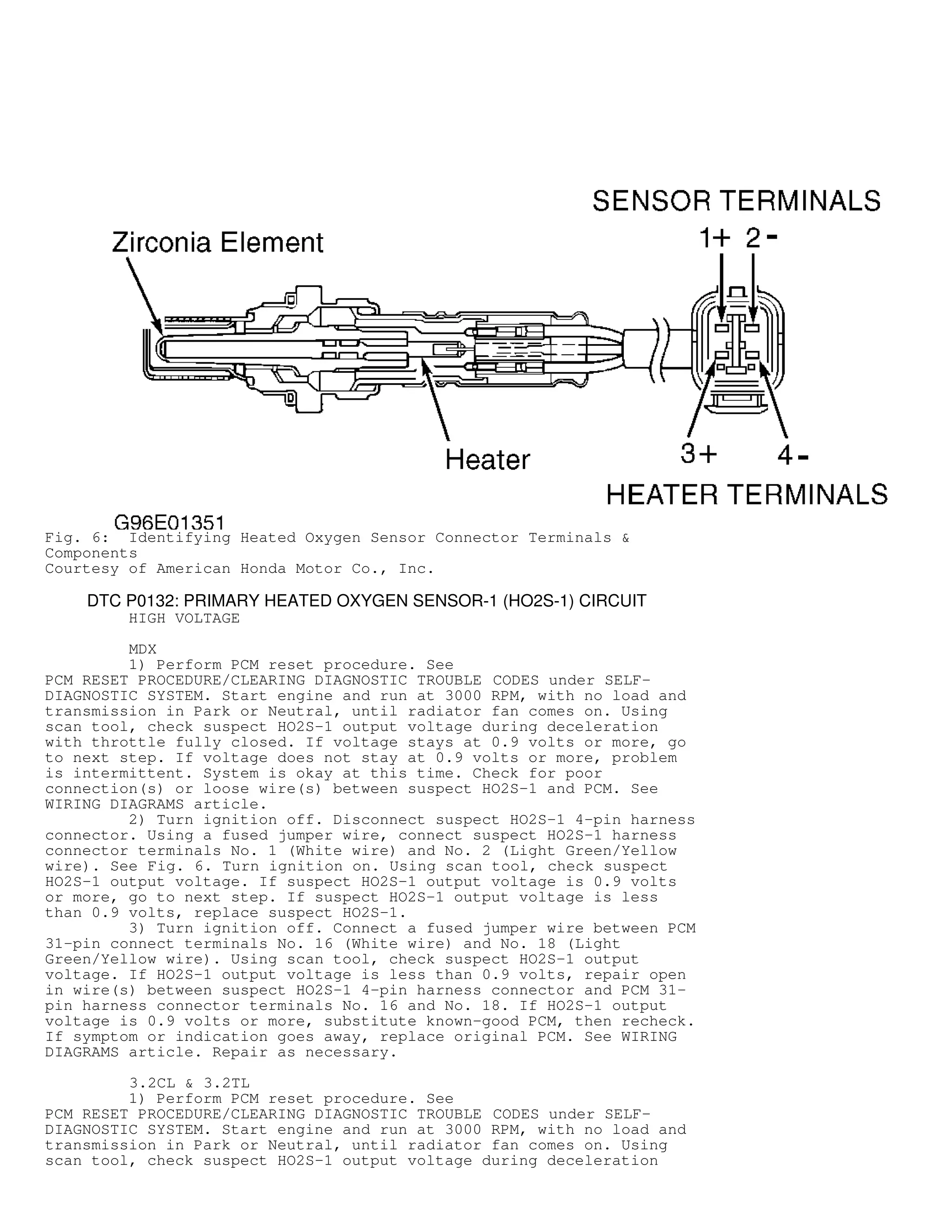 Fig. 6: Identifying Heated Oxygen Sensor Connector Terminals 
Components
Courtesy of American Honda Motor Co., Inc.
DTC P0132: PRIMARY HEATED OXYGEN SENSOR-1 (HO2S-1) CIRCUIT
HIGH VOLTAGE
MDX
1) Perform PCM reset procedure. See
PCM RESET PROCEDURE/CLEARING DIAGNOSTIC TROUBLE CODES under SELF-
DIAGNOSTIC SYSTEM. Start engine and run at 3000 RPM, with no load and
transmission in Park or Neutral, until radiator fan comes on. Using
scan tool, check suspect HO2S-1 output voltage during deceleration
with throttle fully closed. If voltage stays at 0.9 volts or more, go
to next step. If voltage does not stay at 0.9 volts or more, problem
is intermittent. System is okay at this time. Check for poor
connection(s) or loose wire(s) between suspect HO2S-1 and PCM. See
WIRING DIAGRAMS article.
2) Turn ignition off. Disconnect suspect HO2S-1 4-pin harness
connector. Using a fused jumper wire, connect suspect HO2S-1 harness
connector terminals No. 1 (White wire) and No. 2 (Light Green/Yellow
wire). See Fig. 6. Turn ignition on. Using scan tool, check suspect
HO2S-1 output voltage. If suspect HO2S-1 output voltage is 0.9 volts
or more, go to next step. If suspect HO2S-1 output voltage is less
than 0.9 volts, replace suspect HO2S-1.
3) Turn ignition off. Connect a fused jumper wire between PCM
31-pin connect terminals No. 16 (White wire) and No. 18 (Light
Green/Yellow wire). Using scan tool, check suspect HO2S-1 output
voltage. If HO2S-1 output voltage is less than 0.9 volts, repair open
in wire(s) between suspect HO2S-1 4-pin harness connector and PCM 31-
pin harness connector terminals No. 16 and No. 18. If HO2S-1 output
voltage is 0.9 volts or more, substitute known-good PCM, then recheck.
If symptom or indication goes away, replace original PCM. See WIRING
DIAGRAMS article. Repair as necessary.
3.2CL  3.2TL
1) Perform PCM reset procedure. See
PCM RESET PROCEDURE/CLEARING DIAGNOSTIC TROUBLE CODES under SELF-
DIAGNOSTIC SYSTEM. Start engine and run at 3000 RPM, with no load and
transmission in Park or Neutral, until radiator fan comes on. Using
scan tool, check suspect HO2S-1 output voltage during deceleration
 