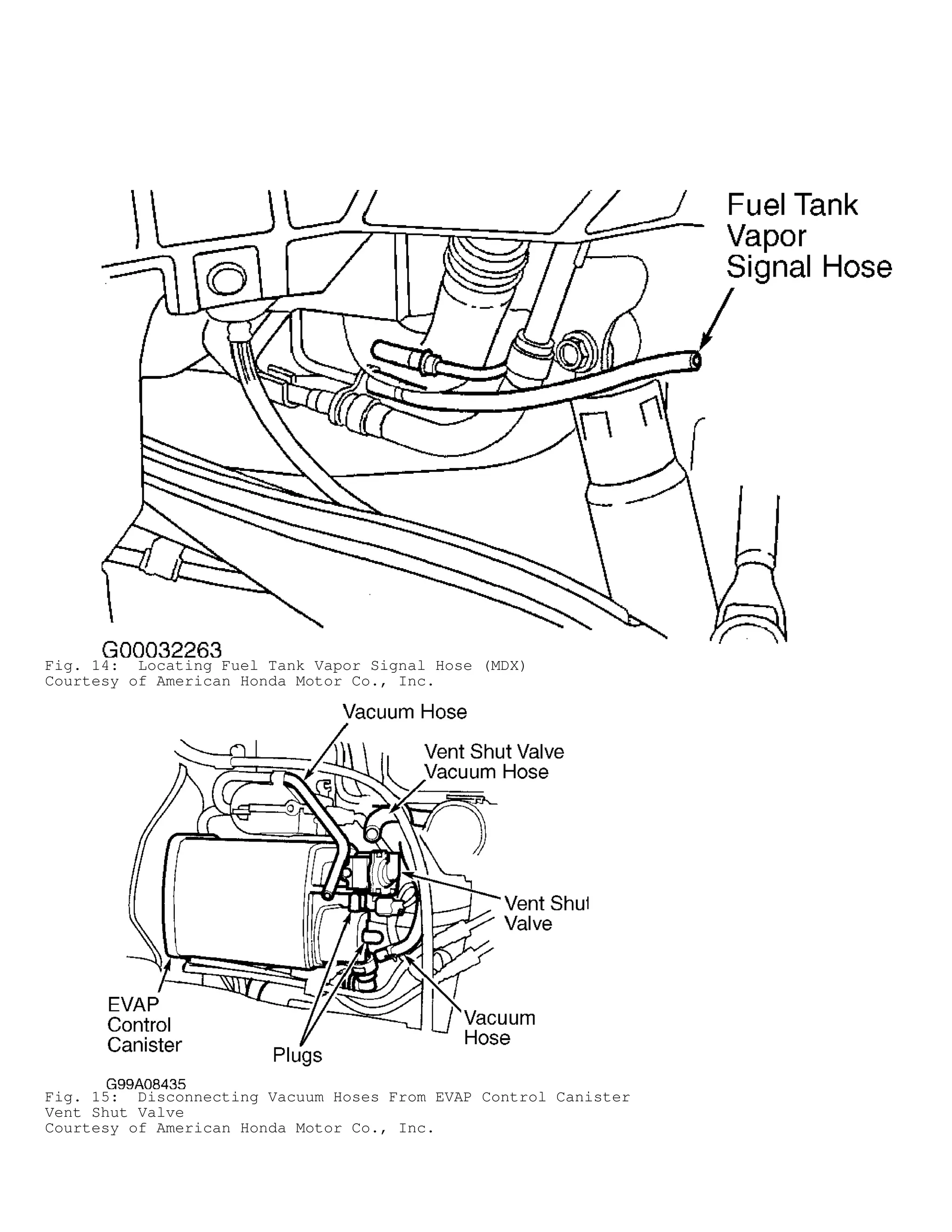 Fig. 14: Locating Fuel Tank Vapor Signal Hose (MDX)
Courtesy of American Honda Motor Co., Inc.
Fig. 15: Disconnecting Vacuum Hoses From EVAP Control Canister
Vent Shut Valve
Courtesy of American Honda Motor Co., Inc.
 