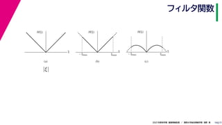 17
2021年度秋学期　画像情報処理　／　関西大学総合情報学部　浅野　晃
フィルタ関数
19
ξ
H(ξ)
ξmax
– ξmax
ξ
H(ξ)
ξ
H(ξ)
ξmax
– ξmax
(a) (b) (c)
|ξ|
 