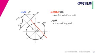 17
2021年度秋学期　画像情報処理　／　関西大学総合情報学部　浅野　晃
逆投影法
8
g(s,θ)
x
y
θ
s
軸
s
g(s, θ)
u
物体
投
影
0
g(0, θ)
s
この線上では
x cos θ + y sin θ − s = 0
　 　
s = x cos θ + y sin θ
つまり
 