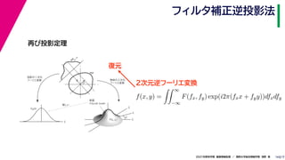 17
2021年度秋学期　画像情報処理　／　関西大学総合情報学部　浅野　晃
フィルタ補正逆投影法
14
再び投影定理
fx
F(fx, fy)
fy
θ
ξ
断面
F(ξcosθ, ξsinθ)
ξ
Gθ(ξ)
等しい
x
y
θ
s
s
g(s, θ)
u
物体
投
影
物体の２次元
フーリエ変換
投影の１次元
フーリエ変換
f(x, y) =
 ∞
−∞
F(fx, fy) exp(i2π(fxx + fyy))dfxdfy
復元
２次元逆フーリエ変換
 
