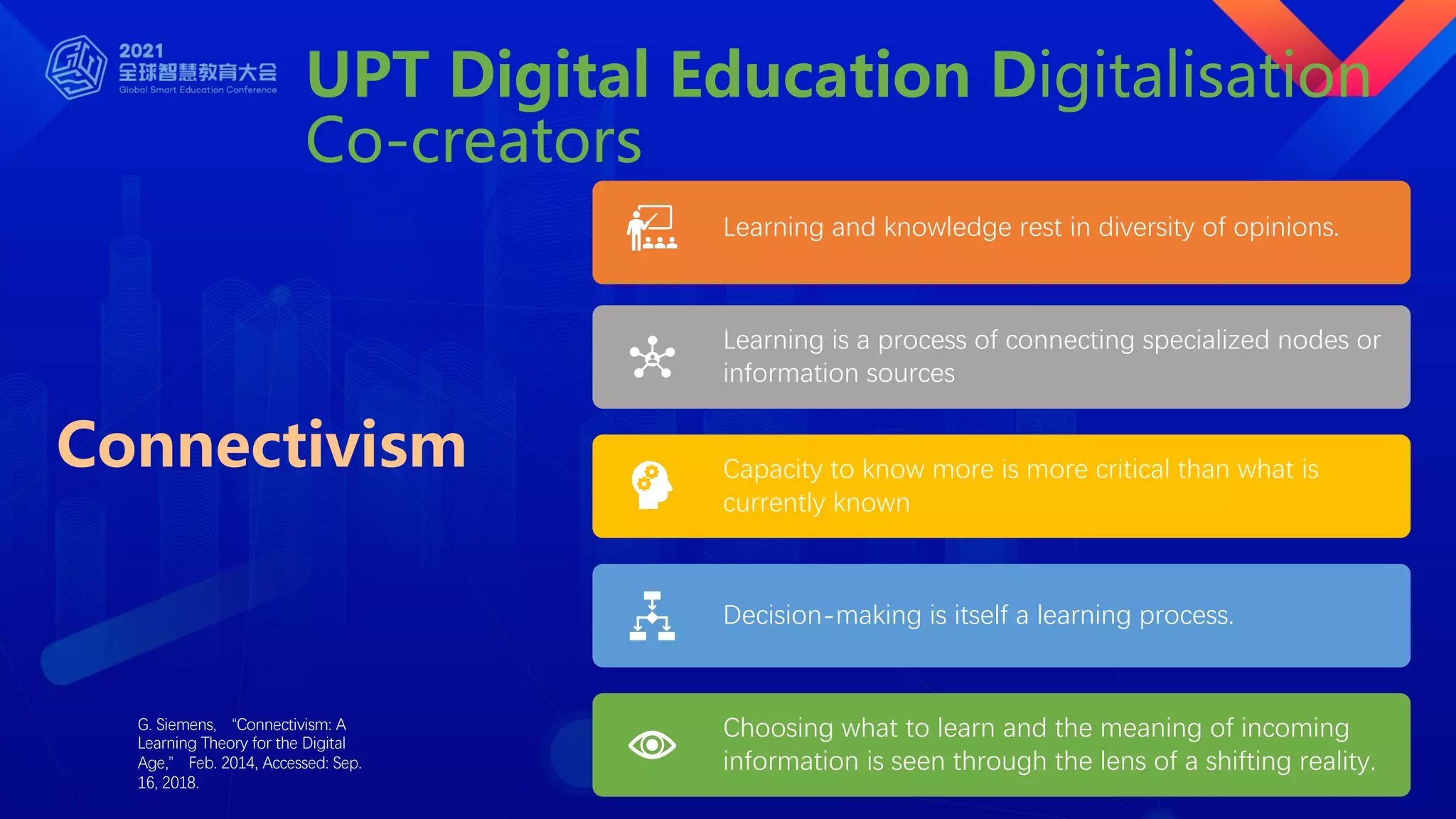 UPT Digital Education Digitalisation
Co-creators
Connectivism
Learning and knowledge rest in diversity of opinions.
Learning is a process of connecting specialized nodes or
information sources
Capacity to know more is more critical than what is
currently known
Decision-making is itself a learning process.
Choosing what to learn and the meaning of incoming
information is seen through the lens of a shifting reality.
G. Siemens, “Connectivism: A
Learning Theory for the Digital
Age,” Feb. 2014, Accessed: Sep.
16, 2018.
 