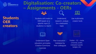 Students
OER
creators
Students will create an
OER based on a
specific topic (2
students in a team)
Understand,
research, analyse
for a dedicated
topic
Use multimedia
creator tools
Understand Open
education principles,
Creative Commons
Licences
Peer evaluation -
Validated by
their colleagues
Publish - CC - inside
university, public,
evaluation (grade,
badges, etc)
Digitalisation: Co-creators
– Assignments - OERs
 
