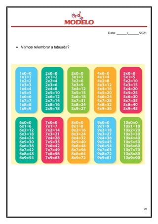 Data: ______/______/2021
20
 Vamos relembrar a tabuada?
 