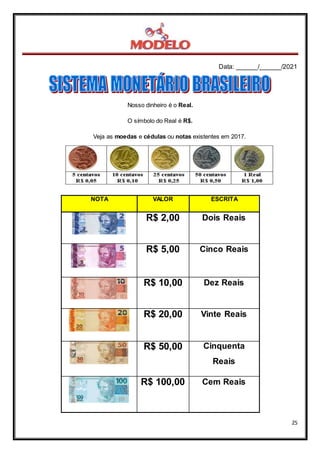 Data: ______/______/2021
25
Nosso dinheiro é o Real.
O símbolo do Real é R$.
Veja as moedas e cédulas ou notas existentes em 2017.
NOTA VALOR ESCRITA
R$ 2,00 Dois Reais
R$ 5,00 Cinco Reais
R$ 10,00 Dez Reais
R$ 20,00 Vinte Reais
R$ 50,00 Cinquenta
Reais
R$ 100,00 Cem Reais
 