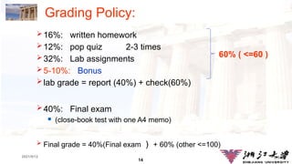 14
1.14
2021/9/12
Grading Policy:
16%: written homework
12%: pop quiz 2-3 times
32%: Lab assignments
5-10%: Bonus
lab grade = report (40%) + check(60%)
40%: Final exam
 (close-book test with one A4 memo)
 Final grade = 40%(Final exam ） + 60% (other <=100)
60% ( <=60 )
 