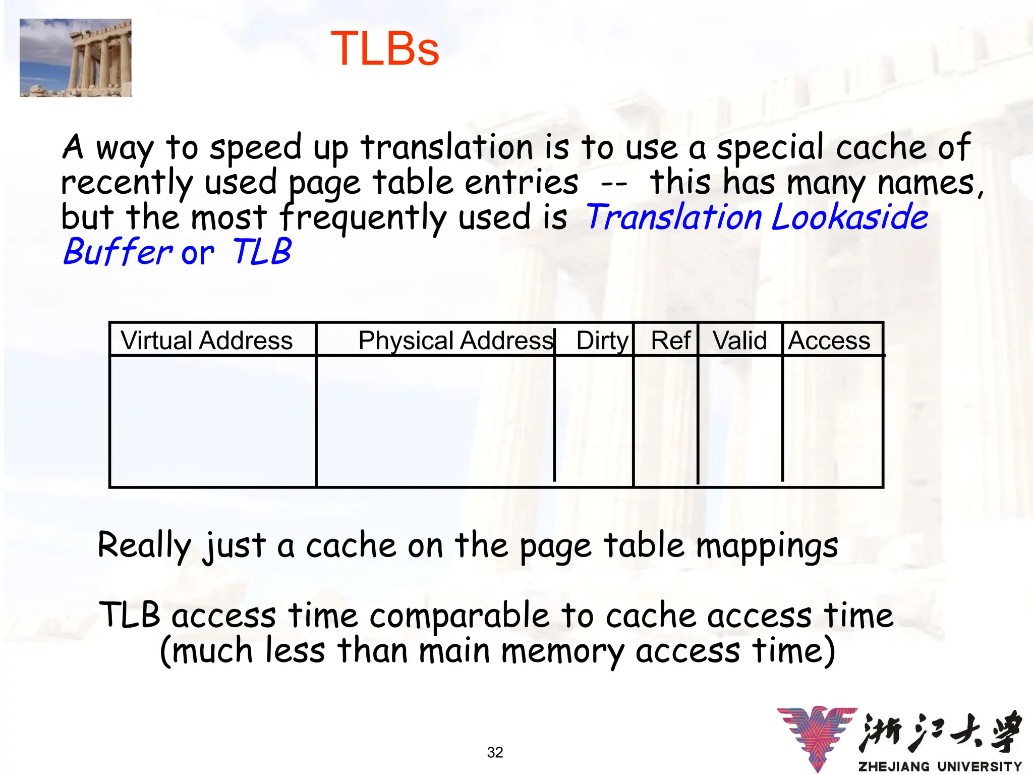 32
TLBs
A way to speed up translation is to use a special cache of
recently used page table entries -- this has many names,
but the most frequently used is Translation Lookaside
Buffer or TLB
Virtual Address Physical Address Dirty Ref Valid Access
Really just a cache on the page table mappings
TLB access time comparable to cache access time
(much less than main memory access time)
 