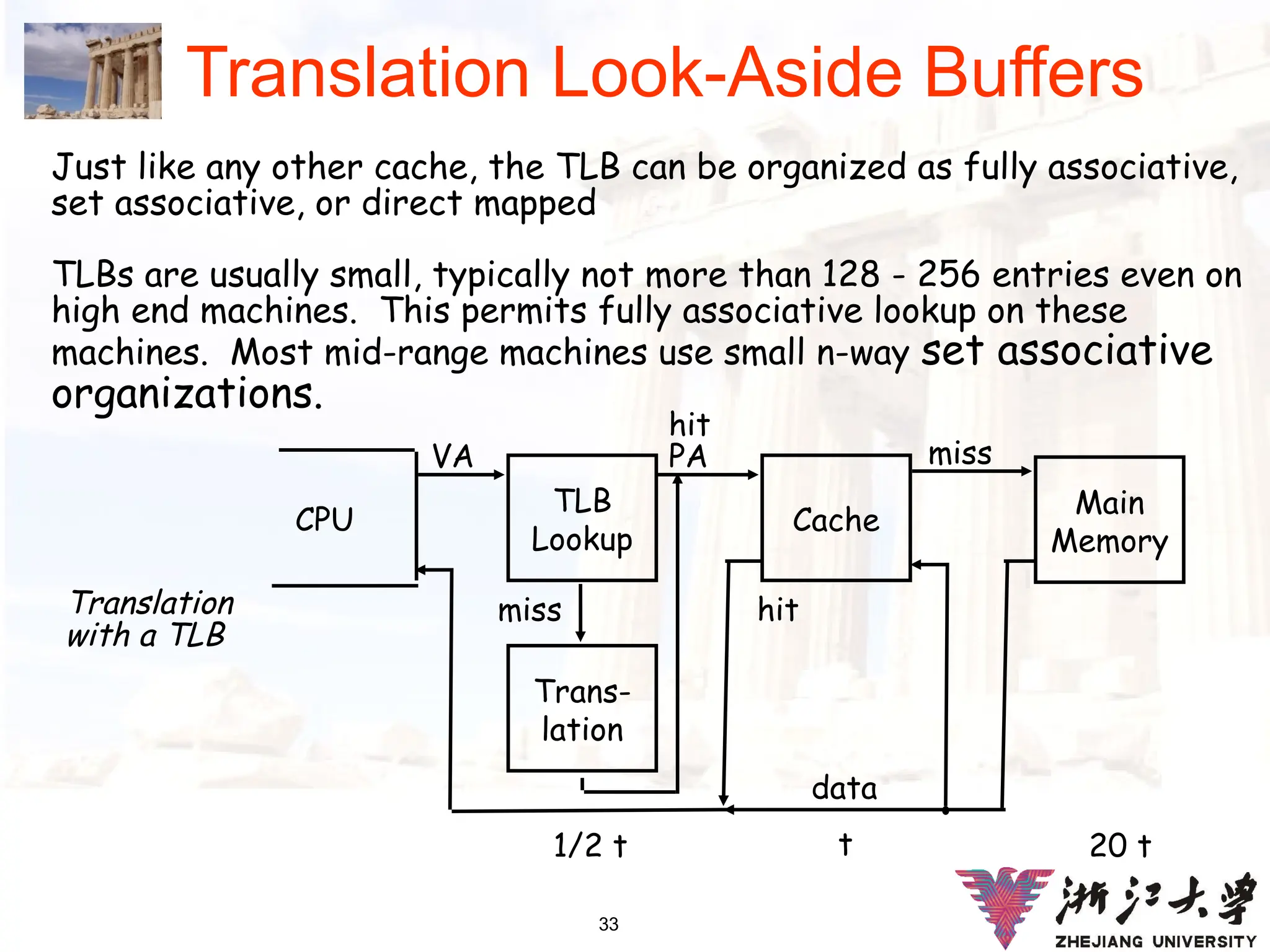 33
Translation Look-Aside Buffers
Just like any other cache, the TLB can be organized as fully associative,
set associative, or direct mapped
TLBs are usually small, typically not more than 128 - 256 entries even on
high end machines. This permits fully associative lookup on these
machines. Most mid-range machines use small n-way set associative
organizations.
CPU
TLB
Lookup
Cache
Main
Memory
VA PA miss
hit
data
Trans-
lation
hit
miss
20 t
t
1/2 t
Translation
with a TLB
 