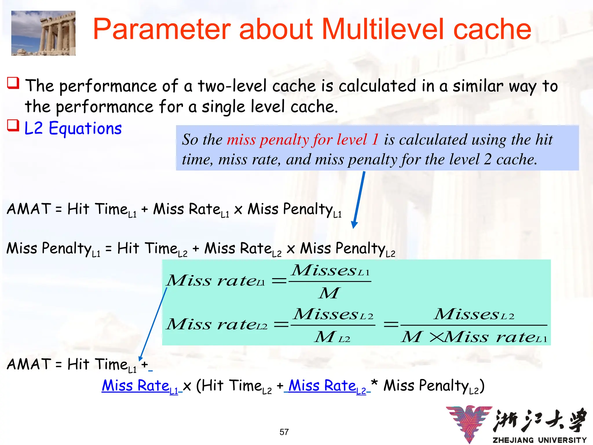 57
Parameter about Multilevel cache
 The performance of a two-level cache is calculated in a similar way to
the performance for a single level cache.
 L2 Equations
AMAT = Hit TimeL1 + Miss RateL1 x Miss PenaltyL1
Miss PenaltyL1 = Hit TimeL2 + Miss RateL2 x Miss PenaltyL2
AMAT = Hit TimeL1 +
Miss RateL1 x (Hit TimeL2 + Miss RateL2 * Miss PenaltyL2)
1
2
2
2
2
1
1
L
L
L
L
L
L
L
rate
Miss
M
Misses
M
Misses
rate
Miss
M
Misses
rate
Miss




So the miss penalty for level 1 is calculated using the hit
time, miss rate, and miss penalty for the level 2 cache.
 