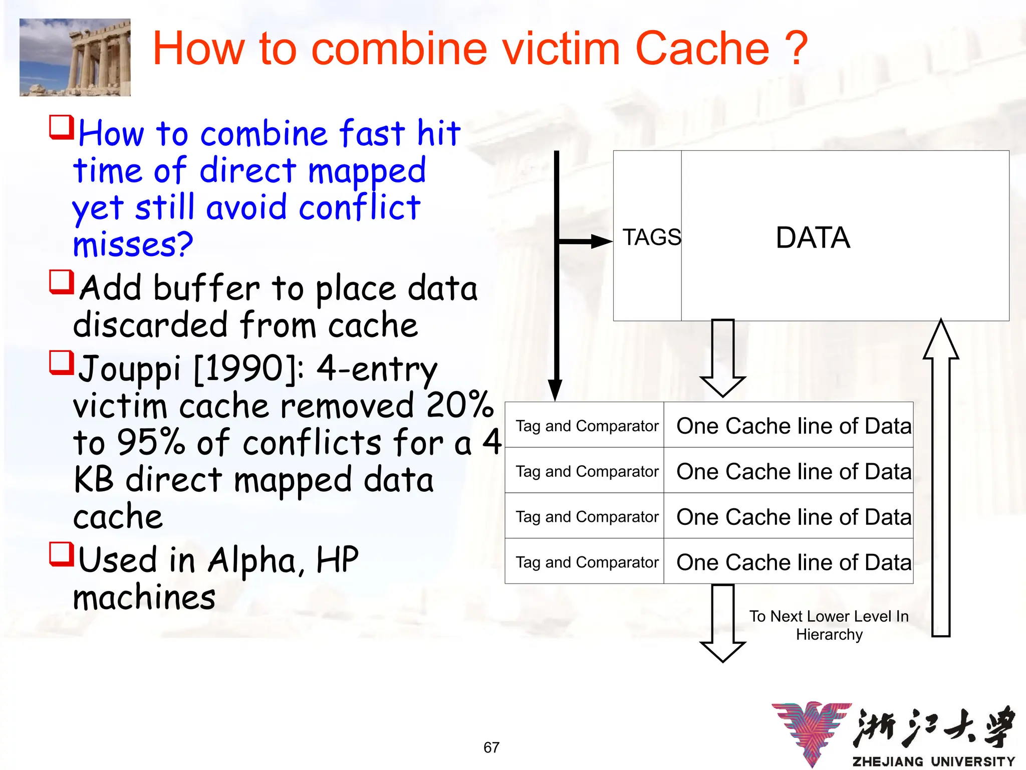 67
How to combine victim Cache ?
How to combine fast hit
time of direct mapped
yet still avoid conflict
misses?
Add buffer to place data
discarded from cache
Jouppi [1990]: 4-entry
victim cache removed 20%
to 95% of conflicts for a 4
KB direct mapped data
cache
Used in Alpha, HP
machines To Next Lower Level In
Hierarchy
DATA
TAGS
One Cache line of Data
Tag and Comparator
One Cache line of Data
Tag and Comparator
One Cache line of Data
Tag and Comparator
One Cache line of Data
Tag and Comparator
 