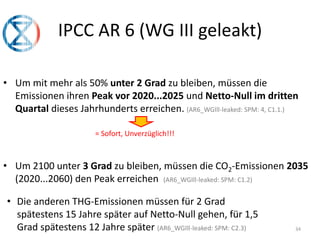 IPCC AR 6 (WG III geleakt)
34
• Um mit mehr als 50% unter 2 Grad zu bleiben, müssen die
Emissionen ihren Peak vor 2020...2025 und Netto-Null im dritten
Quartal dieses Jahrhunderts erreichen. (AR6_WGIll-leaked: SPM: 4, C1.1.)
• Um 2100 unter 3 Grad zu bleiben, müssen die CO2-Emissionen 2035
(2020...2060) den Peak erreichen (AR6_WGIll-leaked: SPM: C1.2)
= Sofort, Unverzüglich!!!
• Die anderen THG-Emissionen müssen für 2 Grad
spätestens 15 Jahre später auf Netto-Null gehen, für 1,5
Grad spätestens 12 Jahre später (AR6_WGIll-leaked: SPM: C2.3)
 