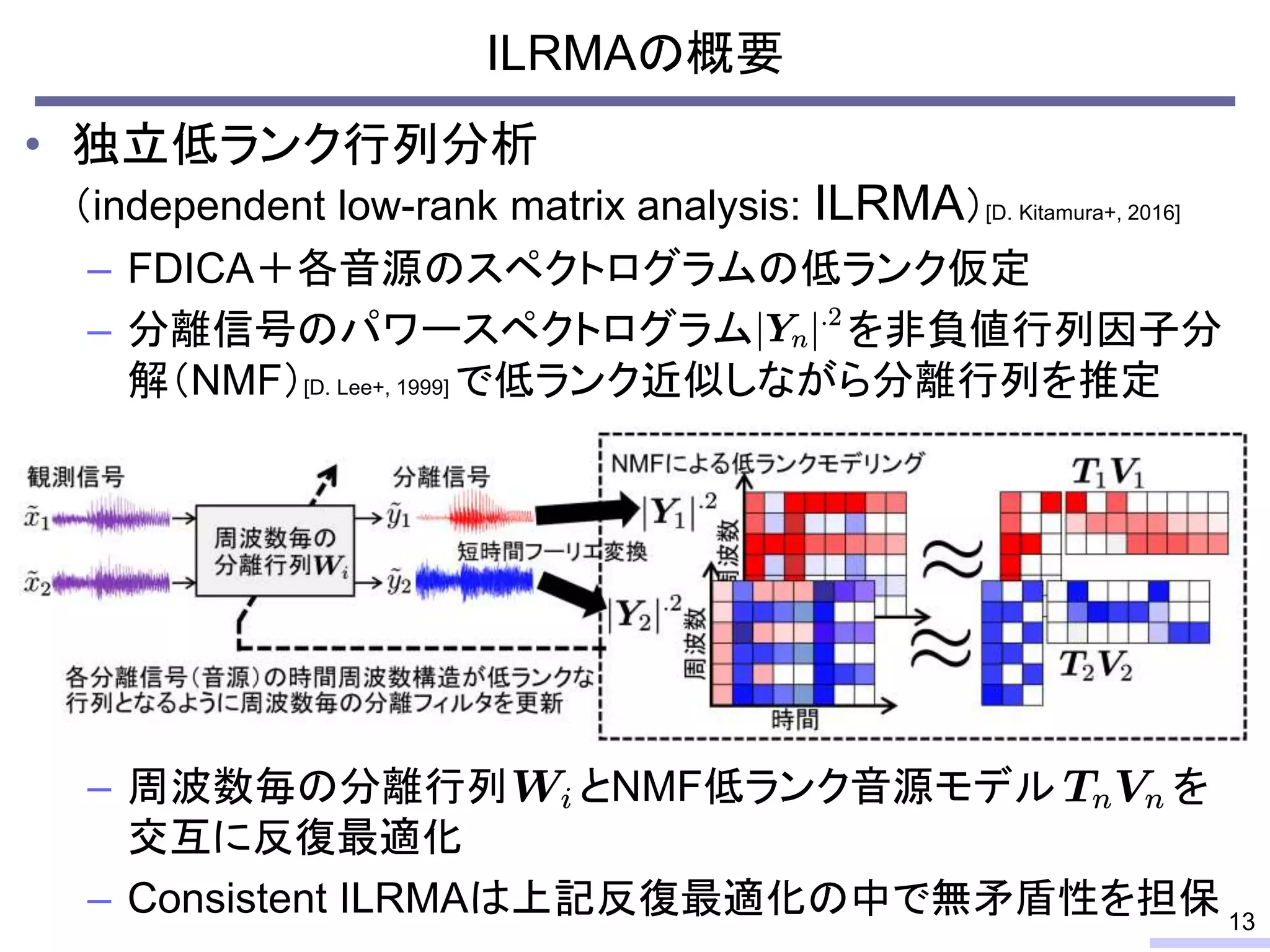ILRMAの概要
• 独立低ランク行列分析
（independent low-rank matrix analysis: ILRMA）[D. Kitamura+, 2016]
– FDICA＋各音源のスペクトログラムの低ランク仮定
– 分離信号のパワースペクトログラム を非負値行列因子分
解（NMF）[D. Lee+, 1999] で低ランク近似しながら分離行列を推定
– 周波数毎の分離行列 とNMF低ランク音源モデル を
交互に反復最適化
– Consistent ILRMAは上記反復最適化の中で無矛盾性を担保 13
 