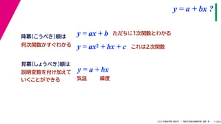 38
2021年度秋学期　統計学　／　関西大学総合情報学部　浅野　晃
y = a + bx ?
11
y = ax + b
y = a + bx
昇冪（しょうべき）順は
降冪（こうべき）順は
説明変数を付け加えて
いくことができる 気温 緯度
ただちに1次関数とわかる
y = ax2 + bx + c これは2次関数
何次関数かすぐわかる
 
