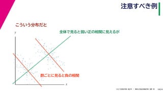38
2021年度秋学期　統計学　／　関西大学総合情報学部　浅野　晃
注意すべき例
38
全体で見ると弱い正の相関に見えるが
x
y
こういう分布だと
群ごとに見ると負の相関
 