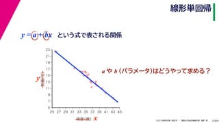 38
2021年度秋学期　統計学　／　関西大学総合情報学部　浅野　晃
線形単回帰
12



















5
7
9
11
13
15
17
19
21
23
25 27 29 31 33 35 37 39 41 43 45
気温
（℃）
緯度
（度）x
y
y = a + bx という式で表される関係
a や b （パラメータ）はどうやって求める？
 