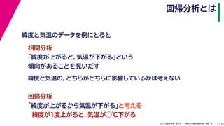 38
2021年度秋学期　統計学　／　関西大学総合情報学部　浅野　晃
回帰分析とは
4
緯度と気温のデータを例にとると
相関分析
「緯度が上がると，気温が下がる」という
傾向があることを見いだす
回帰分析
「緯度が上がるから気温が下がる」と考える
　緯度が１度上がると，気温が◯℃下がる
緯度と気温の，どちらがどちらに影響しているかは考えない
 