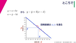 38
2021年度秋学期　統計学　／　関西大学総合情報学部　浅野　晃
ところで
20
x
y
x



















5
7
9
11
13
15
17
19
21
23
25 27 29 31 33 35 37 39 41 43 45
気温
（℃）
緯度
（度）
y
y = a + bx
帰係数
　
a = ȳ − bx̄
から y − ȳ = b(x − x̄)
　
回帰直線は を通る
(x̄, ȳ)
 