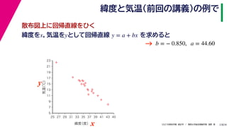 38
2021年度秋学期　統計学　／　関西大学総合情報学部　浅野　晃
緯度と気温（前回の講義）の例で
22
緯度をx，気温をyとして回帰直線 を求めると
y = a + bx
b = − 0.850, a = 44.60



















5
7
9
11
13
15
17
19
21
23
25 27 29 31 33 35 37 39 41 43 45
気温
（℃）
緯度
（度）x
y
→
散布図上に回帰直線をひく
 