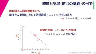 38
2021年度秋学期　統計学　／　関西大学総合情報学部　浅野　晃
緯度と気温（前回の講義）の例で
22
緯度をx，気温をyとして回帰直線 を求めると
y = a + bx
b = − 0.850, a = 44.60
縦軸の位置(x = 25)のときyの値は
y = a + bx に x = 25.0 を代入



















5
7
9
11
13
15
17
19
21
23
25 27 29 31 33 35 37 39 41 43 45
気温
（℃）
緯度
（度）x
y
→
散布図上に回帰直線をひく
 
