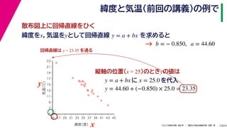 38
2021年度秋学期　統計学　／　関西大学総合情報学部　浅野　晃
緯度と気温（前回の講義）の例で
22
緯度をx，気温をyとして回帰直線 を求めると
y = a + bx
b = − 0.850, a = 44.60
縦軸の位置(x = 25)のときyの値は
y = a + bx に x = 25.0 を代入



















5
7
9
11
13
15
17
19
21
23
25 27 29 31 33 35 37 39 41 43 45
気温
（℃）
緯度
（度）x
y
回帰直線は y = 23.35 を通る
y = 44.60 + (−0.850) × 25.0 = 23.35
→
散布図上に回帰直線をひく
 