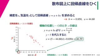 38
2021年度秋学期　統計学　／　関西大学総合情報学部　浅野　晃
散布図上に回帰直線をひく
23
y = 5 を代入すると



















5
7
9
11
13
15
17
19
21
23
25 27 29 31 33 35 37 39 41 43 45
気温
（℃）
緯度
（度）x
y
回帰直線は y = 23.35 を通る
横軸の位置(y = 5)のとき x の値は
y = a + bx より x =
y − a
b
x = (5 − 44.60)/(−0.850) = 46.59
回帰直線は x = 46.59 を通る
緯度をx，気温をyとして回帰直線 を求めると
y = a + bx
b = − 0.850, a = 44.60
→
 