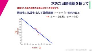 38
2021年度秋学期　統計学　／　関西大学総合情報学部　浅野　晃
求めた回帰直線を使って
24
緯度35.0度の都市の気温は何℃かを推定する



















5
7
9
11
13
15
17
19
21
23
25 27 29 31 33 35 37 39 41 43 45
気温
（℃）
緯度
（度） x
y
緯度をx，気温をyとして回帰直線 y = a + bx を求めると
b = − 0.850, a = 44.60
→
 