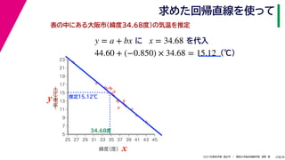 38
2021年度秋学期　統計学　／　関西大学総合情報学部　浅野　晃
求めた回帰直線を使って
25
表の中にある大阪市(緯度34.68度)の気温を推定
y = a + bx に x = 34.68 を代入
44.60 + (−0.850) × 34.68 = 15.12 (℃)



















5
7
9
11
13
15
17
19
21
23
25 27 29 31 33 35 37 39 41 43 45
気温
（℃）
緯度
（度） x
y
34.68度
推定15.12℃
 