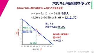 38
2021年度秋学期　統計学　／　関西大学総合情報学部　浅野　晃
求めた回帰直線を使って
25
表の中にある大阪市(緯度34.68度)の気温を推定
y = a + bx に x = 34.68 を代入
44.60 + (−0.850) × 34.68 = 15.12 (℃)



















5
7
9
11
13
15
17
19
21
23
25 27 29 31 33 35 37 39 41 43 45
気温
（℃）
緯度
（度） x
y
表にある
実際の気温は16.2℃
34.68度
実測16.2℃
推定15.12℃
推定値と実測値に
差がある
→次の話へ
 