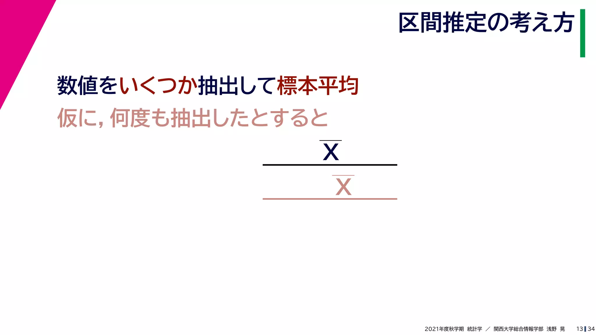 34
2021年度秋学期　統計学　／　関西大学総合情報学部　浅野　晃
区間推定の考え方
13
数値をいくつか抽出して標本平均
仮に，何度も抽出したとすると
X
X
 