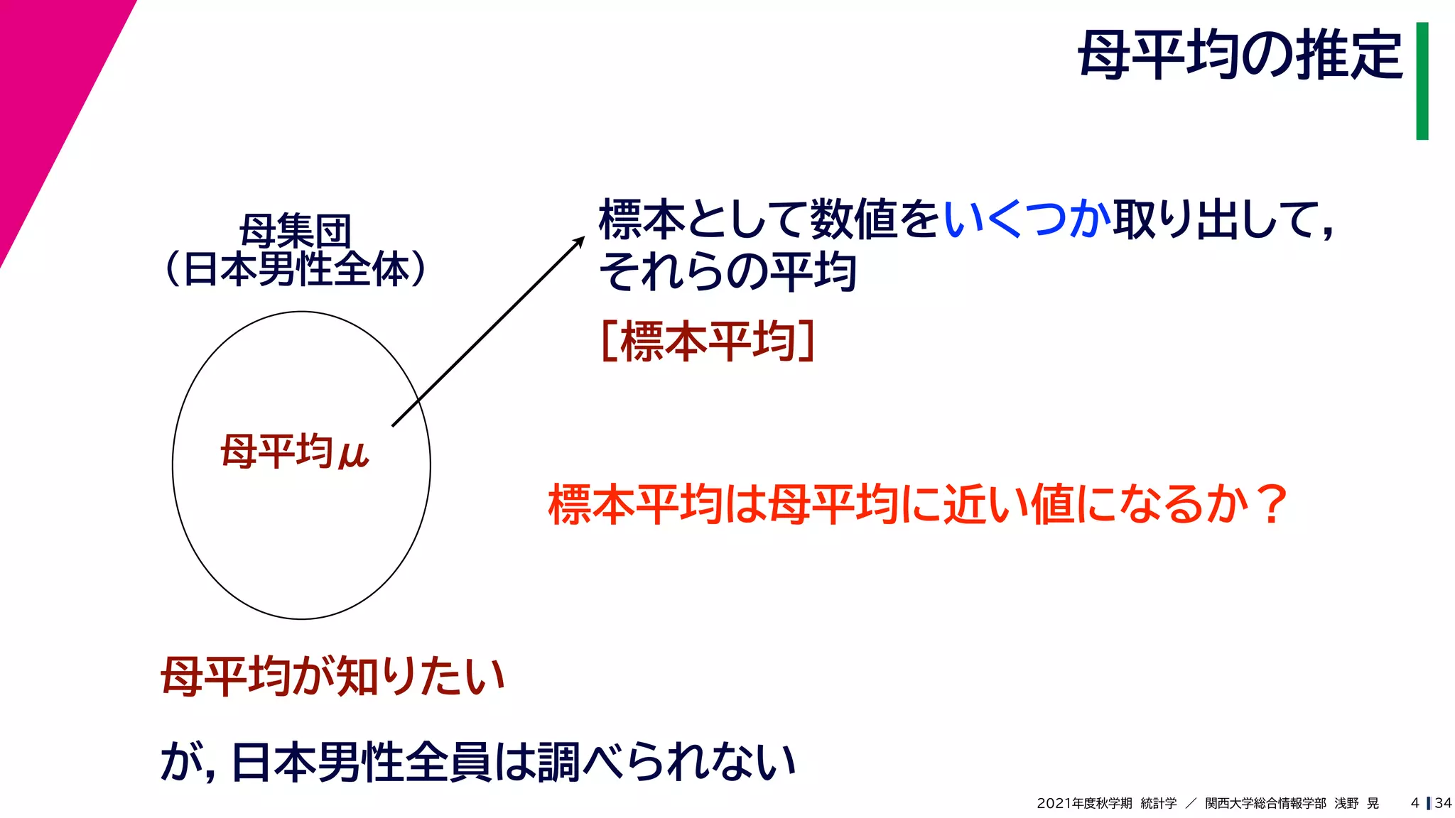 34
2021年度秋学期　統計学　／　関西大学総合情報学部　浅野　晃
母平均の推定
4
標本として数値をいくつか取り出して，
それらの平均
母平均が知りたい
母集団
（日本男性全体）
母平均μ
が，日本男性全員は調べられない
［標本平均］
標本平均は母平均に近い値になるか？
 