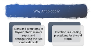 Why Antibiotics?
Signs and symptoms in
thyroid storm mimics
sepsis and
distinguishing the two
can be difficult
Infection is a leading
precipitant for thyroid
storm
 