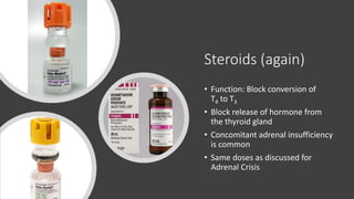 Steroids (again)
• Function: Block conversion of
T4 to T3
• Block release of hormone from
the thyroid gland
• Concomitant adrenal insufficiency
is common
• Same doses as discussed for
Adrenal Crisis
 