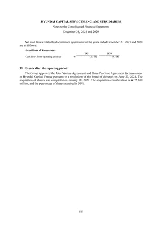 HYUNDAI CAPITAL SERVICES, INC. AND SUBSIDIARIES
Notes to the Consolidated Financial Statements
December 31, 2021 and 2020
111
Net cash flows related to discontinued operations for the years ended December 31, 2021 and 2020
are as follows:
39. Events after the reporting period
The Group approved the Joint Venture Agreement and Share Purchase Agreement for investment
in Hyundai Capital France pursuant to a resolution of the board of directors on June 23, 2021. The
acquisition of shares was completed on January 11, 2022. The acquisition consideration is W 75,680
million, and the percentage of shares acquired is 50%.
(in millions of Korean won)
2021 2020
Cash flows from operating activities W (3,148) (9,118)
 