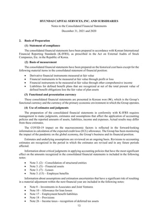 HYUNDAI CAPITAL SERVICES, INC. AND SUBSIDIARIES
Notes to the Consolidated Financial Statements
December 31, 2021 and 2020
13
2. Basis of Preparation
(1) Statement of compliance
The consolidated financial statements have been prepared in accordance with Korean International
Financial Reporting Standards (K-IFRS), as prescribed in the Act on External Audits of Stock
Companies, Etc. in the Republic of Korea.
(2) Basis of measurement
The consolidated financial statements have been prepared on the historical cost basis except for the
following material items in the consolidated statement of financial position:
 Derivative financial instruments measured at fair value
 Financial instruments to be measured at fair value through profit or loss
 Financial instruments to be measured at fair value through other comprehensive income
 Liabilities for defined benefit plans that are recognized at net of the total present value of
defined benefit obligations less the fair value of plan assets
(3) Functional and presentation currency
These consolidated financial statements are presented in Korean won (W), which is the Group’s
functional currency and the currency of the primary economic environment in which the Group operates.
(4) Use of estimates and judgments
The preparation of the consolidated financial statements in conformity with K-IFRS requires
management to make judgments, estimates and assumptions that affect the application of accounting
policies and the reported amounts of assets, liabilities, income and expenses. Actual results may differ
from these estimates.
The COVID-19 impact on the macroeconomic factors is reflected in the forward-looking
information in calculation of the expected credit loss (ECL) allowance. The Group has been monitoring
the impact of the pandemic on the global economy, the Group’s business and its financial position.
Estimates and underlying assumptions are reviewed on an ongoing basis. Revisions to accounting
estimates are recognized in the period in which the estimates are revised and in any future periods
affected.
Information about critical judgments in applying accounting policies that have the most significant
effect on the amounts recognized in the consolidated financial statements is included in the following
notes:
 Note 3. (2) – Consolidation of structured entities
 Note 3. (5) – Financial assets
 Note 3. (7) – Leases
 Note 3. (13) – Employee benefits
Information about assumptions and estimation uncertainties that have a significant risk of resulting
in a material adjustment within the next financial year are included in the following notes:
 Note 8 – Investments in Associates and Joint Ventures
 Note 10 – Allowance for loan losses
 Note 17 – Employment benefit liabilities
 Note 18 – Provisions
 Note 26 – Income taxes - recognition of deferred tax assets
 