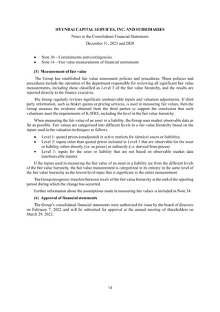 HYUNDAI CAPITAL SERVICES, INC. AND SUBSIDIARIES
Notes to the Consolidated Financial Statements
December 31, 2021 and 2020
14
 Note 30 – Commitments and contingencies
 Note 34 – Fair value measurements of financial instruments
(5) Measurement of fair value
The Group has established fair value assessment policies and procedures. These policies and
procedures include the operation of the department responsible for reviewing all significant fair value
measurements, including those classified as Level 3 of the fair value hierarchy, and the results are
reported directly to the finance executive.
The Group regularly reviews significant unobservable inputs and valuation adjustments. If third
party information, such as broker quotes or pricing services, is used in measuring fair values, then the
Group assesses the evidence obtained from the third parties to support the conclusion that such
valuations meet the requirements of K-IFRS, including the level in the fair value hierarchy.
When measuring the fair value of an asset or a liability, the Group uses market observable data as
far as possible. Fair values are categorized into different levels in a fair value hierarchy based on the
inputs used in the valuation techniques as follows.
 Level 1: quoted prices (unadjusted) in active markets for identical assets or liabilities.
 Level 2: inputs other than quoted prices included in Level 1 that are observable for the asset
or liability, either directly (i.e. as prices) or indirectly (i.e. derived from prices).
 Level 3: inputs for the asset or liability that are not based on observable market data
(unobservable inputs).
If the inputs used in measuring the fair value of an asset or a liability are from the different levels
of the fair value hierarchy, the fair value measurement is categorized in its entirety in the same level of
the fair value hierarchy as the lowest level input that is significant to the entire measurement.
The Group recognizes transfers between levels of the fair value hierarchy at the end of the reporting
period during which the change has occurred.
Further information about the assumptions made in measuring fair values is included in Note 34.
(6) Approval of financial statements
The Group’s consolidated financial statements were authorized for issue by the board of directors
on February 7, 2022 and will be submitted for approval at the annual meeting of shareholders on
March 29, 2022.
 