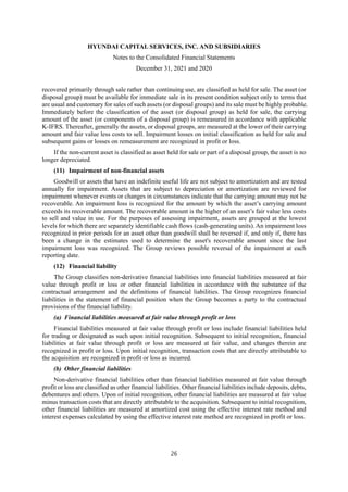 HYUNDAI CAPITAL SERVICES, INC. AND SUBSIDIARIES
Notes to the Consolidated Financial Statements
December 31, 2021 and 2020
26
recovered primarily through sale rather than continuing use, are classified as held for sale. The asset (or
disposal group) must be available for immediate sale in its present condition subject only to terms that
are usual and customary for sales of such assets (or disposal groups) and its sale must be highly probable.
Immediately before the classification of the asset (or disposal group) as held for sale, the carrying
amount of the asset (or components of a disposal group) is remeasured in accordance with applicable
K-IFRS. Thereafter, generally the assets, or disposal groups, are measured at the lower of their carrying
amount and fair value less costs to sell. Impairment losses on initial classification as held for sale and
subsequent gains or losses on remeasurement are recognized in profit or loss.
If the non-current asset is classified as asset held for sale or part of a disposal group, the asset is no
longer depreciated.
(11) Impairment of non-financial assets
Goodwill or assets that have an indefinite useful life are not subject to amortization and are tested
annually for impairment. Assets that are subject to depreciation or amortization are reviewed for
impairment whenever events or changes in circumstances indicate that the carrying amount may not be
recoverable. An impairment loss is recognized for the amount by which the asset’s carrying amount
exceeds its recoverable amount. The recoverable amount is the higher of an asset’s fair value less costs
to sell and value in use. For the purposes of assessing impairment, assets are grouped at the lowest
levels for which there are separately identifiable cash flows (cash-generating units). An impairment loss
recognized in prior periods for an asset other than goodwill shall be reversed if, and only if, there has
been a change in the estimates used to determine the asset's recoverable amount since the last
impairment loss was recognized. The Group reviews possible reversal of the impairment at each
reporting date.
(12) Financial liability
The Group classifies non-derivative financial liabilities into financial liabilities measured at fair
value through profit or loss or other financial liabilities in accordance with the substance of the
contractual arrangement and the definitions of financial liabilities. The Group recognizes financial
liabilities in the statement of financial position when the Group becomes a party to the contractual
provisions of the financial liability.
(a) Financial liabilities measured at fair value through profit or loss
Financial liabilities measured at fair value through profit or loss include financial liabilities held
for trading or designated as such upon initial recognition. Subsequent to initial recognition, financial
liabilities at fair value through profit or loss are measured at fair value, and changes therein are
recognized in profit or loss. Upon initial recognition, transaction costs that are directly attributable to
the acquisition are recognized in profit or loss as incurred.
(b) Other financial liabilities
Non-derivative financial liabilities other than financial liabilities measured at fair value through
profit or loss are classified as other financial liabilities. Other financial liabilities include deposits, debts,
debentures and others. Upon of initial recognition, other financial liabilities are measured at fair value
minus transaction costs that are directly attributable to the acquisition. Subsequent to initial recognition,
other financial liabilities are measured at amortized cost using the effective interest rate method and
interest expenses calculated by using the effective interest rate method are recognized in profit or loss.
 