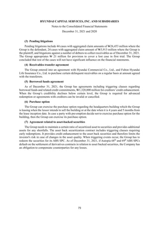 HYUNDAI CAPITAL SERVICES, INC. AND SUBSIDIARIES
Notes to the Consolidated Financial Statements
December 31, 2021 and 2020
79
(3) Pending litigations
Pending litigations include 44 cases with aggregated claim amounts of W26,453 million where the
Group is the defendant, 24 cases with aggregated claim amount of W3,913 million where the Group is
the plaintiff, and litigations against a number of debtors to collect receivables as of December 31, 2021.
The Group appropriates W 21 million for provision to cover a lost case in first trial. The Group
concluded that rest of the cases will not have significant influence on the financial statements.
(4) Receivables transfer agreement
The Group entered into an agreement with Hyundai Commercial Co., Ltd., and Fubon Hyundai
Life Insurance Co., Ltd. to purchase certain delinquent receivables on a regular basis at amount agreed
with the transferors.
(5) Borrowed funds agreement
As of December 31, 2021, the Group has agreements including triggering clauses regarding
borrowed funds and related credit commitments, W1,320,000 million for creditors’credit enhancement.
When the Group’s credibility declines below certain level, the Group is required for advanced
redemption or agreements with creditors can be invalid or cancelled.
(6) Purchase option
The Group can exercise the purchase option regarding the headquarters building which the Group
is leasing when the lessor intends to sell the building or at the date when it is 4 years and 5 months from
the lease inception date. In case a party with pre-emption decide not to exercise purchase option for the
building, then the Group can exercise its purchase option.
(7) Agreement related to asset-backed securities
The Group needs to maintain a certain ratio of securitized asset to securities and provides additional
assets for any shortfalls. The asset back securitization contract includes triggering clauses requiring
early redemptions. It provides credit enhancement to the asset back securities and therefore limits the
investor's risk in case of changes in the asset quality. When triggering events occur, the Group has to
redeem the securities for its ABS SPC. As of December 31, 2021, if Autopia 68th
and 69th
ABS SPCs
default on the settlement of derivatives contracts in relation to asset backed securities, the Company has
an obligation to compensate counterparties for any losses.
 