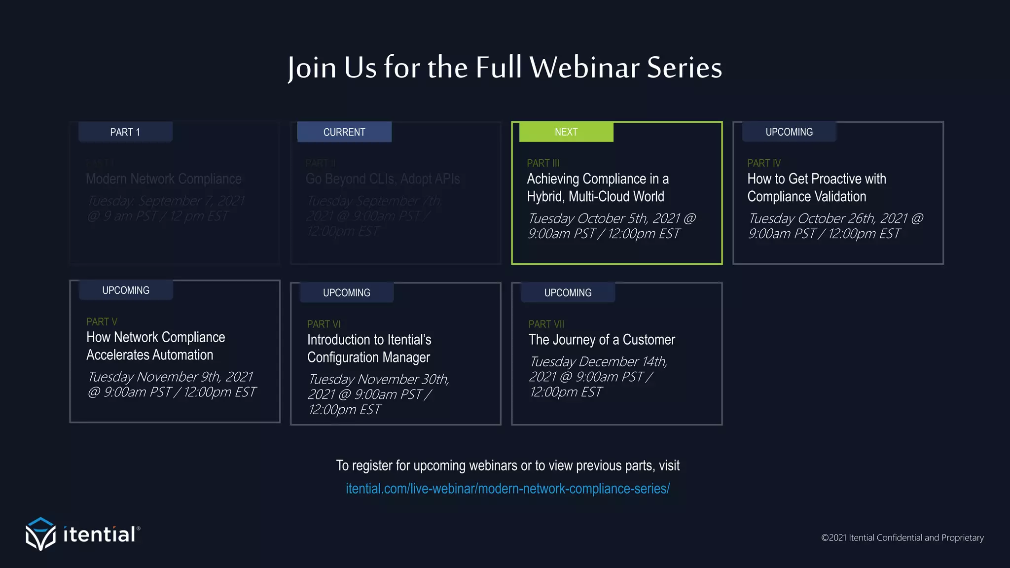 ©2021 Itential Confidential and Proprietary
PART II
Go Beyond CLIs, Adopt APIs
Tuesday September 7th,
2021 @ 9:00am PST /
12:00pm EST
JoinUs for the Full Webinar Series
PART I
Modern Network Compliance
Tuesday. September 7, 2021
@ 9 am PST / 12 pm EST
PART 1 CURRENT NEXT
PART III
Achieving Compliance in a
Hybrid, Multi-Cloud World
Tuesday October 5th, 2021 @
9:00am PST / 12:00pm EST
UPCOMING
PART IV
How to Get Proactive with
Compliance Validation
Tuesday October 26th, 2021 @
9:00am PST / 12:00pm EST
UPCOMING
PART VII
The Journey of a Customer
Tuesday December 14th,
2021 @ 9:00am PST /
12:00pm EST
UPCOMING
PART V
How Network Compliance
Accelerates Automation
Tuesday November 9th, 2021
@ 9:00am PST / 12:00pm EST
UPCOMING
PART VI
Introduction to Itential’s
Configuration Manager
Tuesday November 30th,
2021 @ 9:00am PST /
12:00pm EST
To register for upcoming webinars or to view previous parts, visit
itential.com/live-webinar/modern-network-compliance-series/
 