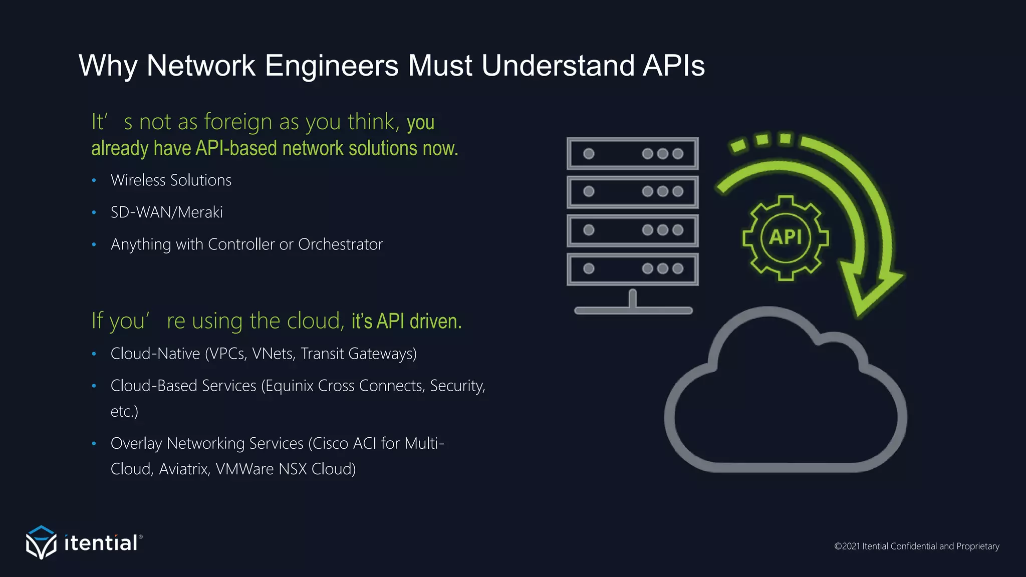 ©2021 Itential Confidential and Proprietary
Why Network Engineers Must Understand APIs
It’s not as foreign as you think, you
already have API-based network solutions now.
• Wireless Solutions
• SD-WAN/Meraki
• Anything with Controller or Orchestrator
If you’re using the cloud, it’s API driven.
• Cloud-Native (VPCs, VNets, Transit Gateways)
• Cloud-Based Services (Equinix Cross Connects, Security,
etc.)
• Overlay Networking Services (Cisco ACI for Multi-
Cloud, Aviatrix, VMWare NSX Cloud)
 