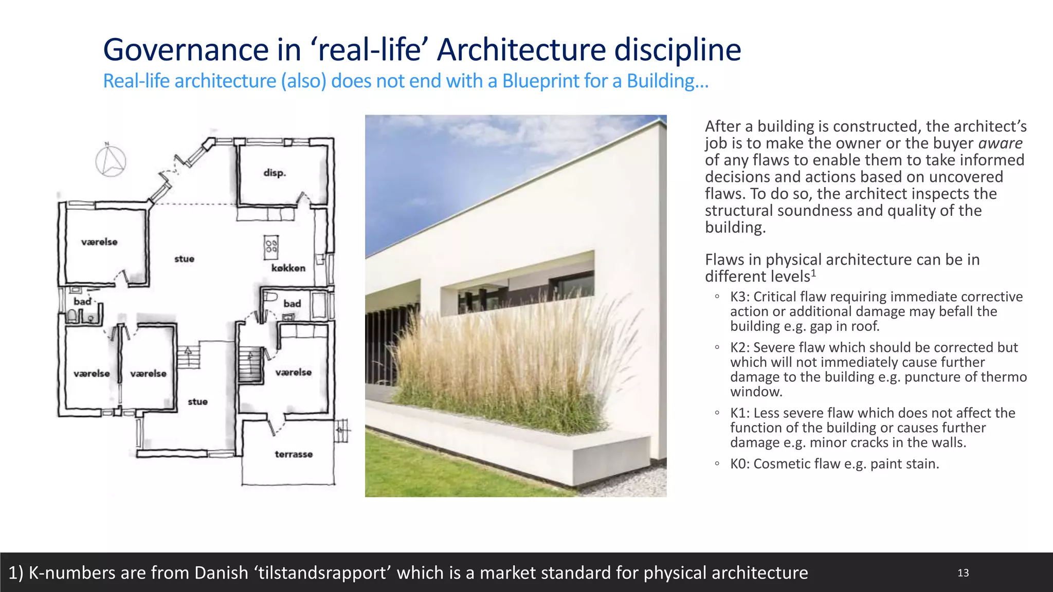 Governance in ‘real-life’ Architecture discipline
Real-life architecture (also) does not end with a Blueprint for a Building…
13
After a building is constructed, the architect’s
job is to make the owner or the buyer aware
of any flaws to enable them to take informed
decisions and actions based on uncovered
flaws. To do so, the architect inspects the
structural soundness and quality of the
building.
Flaws in physical architecture can be in
different levels1
◦ K3: Critical flaw requiring immediate corrective
action or additional damage may befall the
building e.g. gap in roof.
◦ K2: Severe flaw which should be corrected but
which will not immediately cause further
damage to the building e.g. puncture of thermo
window.
◦ K1: Less severe flaw which does not affect the
function of the building or causes further
damage e.g. minor cracks in the walls.
◦ K0: Cosmetic flaw e.g. paint stain.
1) K-numbers are from Danish ‘tilstandsrapport’ which is a market standard for physical architecture
 