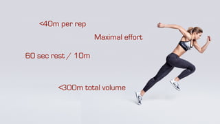 <40m per rep
60 sec rest / 10m
<300m total volume
Maximal effort
 