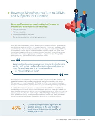 2021 | BEVERAGE TRENDS DRIVING CHANGE 25
Of interviewed participants agree that the
greatest challenge in the year ahead is
keeping up with the rising demand for all
beverage products.
45%
Beverage Manufacturers are Looking for Partners to
Understand their Business and Provide:
a	Turnkey equipment
a	Full line evaluation
a	Simplified integration solutions
a	Comprehensive training with ongoing programs
With all of the challenges and shifting dynamics in the beverage industry, producers can
easily become overwhelmed with the pace and scope of the changes required to keep
up with demand. Now more than ever, beverage manufacturers are turning to OEMs and
suppliers for guidance, seeking out knowledgeable partners that can help guide them
through necessary improvements to their processes. Specifically, beverage companies
have stated they are looking for partners that have a deep knowledge of not just the
beverage industry, but also their specific operational needs.
Beverage producers are seeking out companies that can proactively offer solutions and
suggestions based on an intricate understanding of a client’s needs and pain points.
Manufacturers are most interested in OEMs that can offer these solutions throughout
their production operations, providing true turnkey services from processing to packaging.
In addition, beverage manufacturers have expressed a desire for more in-depth and
tailored training from OEMs, both to bring less-skilled labor up to speed and to keep their
experienced employees up to date on new technology developments. More than anything
else, beverage manufacturers are looking to build relationships with companies that will
work closely with them to understand their operations, analyze their needs, and act as
trusted partners as they navigate the evolving demands of the beverage industry.
4	
Beverage Manufacturers Turn to OEMs
and Suppliers for Guidance
We are looking for production equipment for our entire line from one
vendor - with turnkey installation from processing to palletizing - to
meet the growing demand of all beverage products.
— Sr. Packaging Engineer, CM/CP
 
