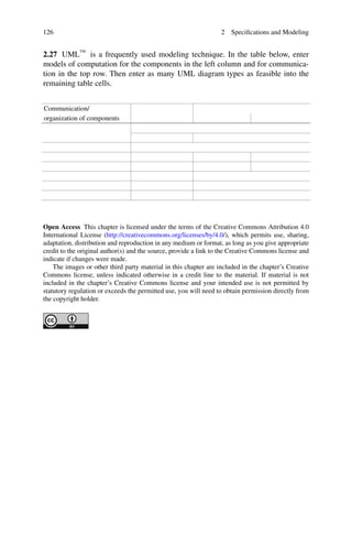 126 2 Specifications and Modeling
2.27 UML™ is a frequently used modeling technique. In the table below, enter
models of computation for the components in the left column and for communica-
tion in the top row. Then enter as many UML diagram types as feasible into the
remaining table cells.
Communication/
organization of components
Open Access This chapter is licensed under the terms of the Creative Commons Attribution 4.0
International License (http://creativecommons.org/licenses/by/4.0/), which permits use, sharing,
adaptation, distribution and reproduction in any medium or format, as long as you give appropriate
credit to the original author(s) and the source, provide a link to the Creative Commons license and
indicate if changes were made.
The images or other third party material in this chapter are included in the chapter’s Creative
Commons license, unless indicated otherwise in a credit line to the material. If material is not
included in the chapter’s Creative Commons license and your intended use is not permitted by
statutory regulation or exceeds the permitted use, you will need to obtain permission directly from
the copyright holder.
 