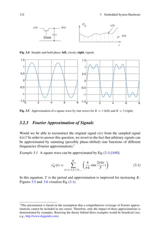 132 3 Embedded System Hardware
e(t)
D
V
h(t)
h(t)
e(t)
t
Clock
Fig. 3.4 Sample-and-hold phase: left, circuit; right, signals
-1.5
-1
-0.5
0
0.5
1
1.5
0 2 4 6 8 0 2 4 6 8
-1.5
-1
-0.5
0
0.5
1
1.5
Fig. 3.5 Approximation of a square wave by sine waves for K = 1 (left) and K = 3 (right)
3.2.3 Fourier Approximation of Signals
Would we be able to reconstruct the original signal e(t) from the sampled signal
h(t)? In order to answer this question, we revert to the fact that arbitrary signals can
be approximated by summing (possibly phase-shifted) sine functions of different
frequencies (Fourier approximation).1
Example 3.1 A square wave can be approximated by Eq. (3.1) [440]:
eK(t) =
K

k=1,3,5,7,9,...
4
πk
sin(
2πkt
T
) (3.1)
In this equation, T is the period and approximation is improved for increasing K.
Figures 3.5 and 3.6 visualize Eq. (3.1).
1This presentation is based on the assumption that a comprehensive coverage of Fourier approx-
imations cannot be included in our course. Therefore, only the impact of these approximations is
demonstrated by examples. Knowing the theory behind these examples would be beneficial (see,
e.g., http://www.dspguide.com).
 