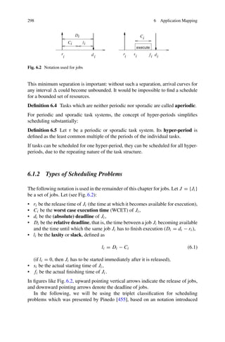 298 6 Application Mapping
r
r d
d
C
s f
execute
i i i i i
i
i
C l
Di
i i
Fig. 6.2 Notation used for jobs
This minimum separation is important: without such a separation, arrival curves for
any interval  could become unbounded. It would be impossible to find a schedule
for a bounded set of resources.
Definition 6.4 Tasks which are neither periodic nor sporadic are called aperiodic.
For periodic and sporadic task systems, the concept of hyper-periods simplifies
scheduling substantially:
Definition 6.5 Let τ be a periodic or sporadic task system. Its hyper-period is
defined as the least common multiple of the periods of the individual tasks.
If tasks can be scheduled for one hyper-period, they can be scheduled for all hyper-
periods, due to the repeating nature of the task structure.
6.1.2 Types of Scheduling Problems
The following notation is used in the remainder of this chapter for jobs. Let J = {Ji}
be a set of jobs. Let (see Fig. 6.2):
• ri be the release time of Ji (the time at which it becomes available for execution),
• Ci be the worst case execution time (WCET) of Ji,
• di be the (absolute) deadline of Ji,
• Di be the relative deadline, that is, the time between a job Ji becoming available
and the time until which the same job Ji has to finish execution (Di = di − ri),
• li be the laxity or slack, defined as
li = Di − Ci (6.1)
(if li = 0, then Ji has to be started immediately after it is released),
• si be the actual starting time of Ji,
• fi be the actual finishing time of Ji.
In figures like Fig. 6.2, upward pointing vertical arrows indicate the release of jobs,
and downward pointing arrows denote the deadline of jobs.
In the following, we will be using the triplet classification for scheduling
problems which was presented by Pinedo [455], based on an notation introduced
 